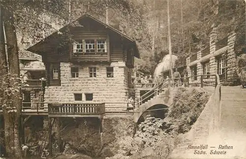 AK - Amselfall Wasserfall Gaststätte Kat. Rathen Sachsen