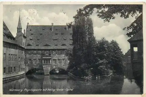 Ansichtskarte Nürnberg Pegnitzpartie mit Heilig Geist Spital versandt 1934