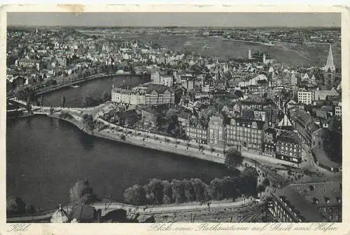 Ansichtskarte Kiel Hafen Blick vom Rathausturm auf Stadt und Hafen versandt 1937