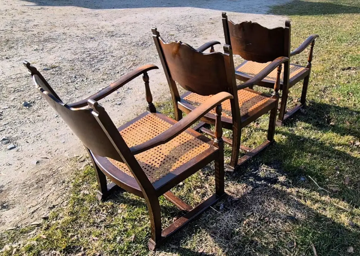 VINTAGE * Holzstühle mit Armlehne, gewebte Sitzfläche 4