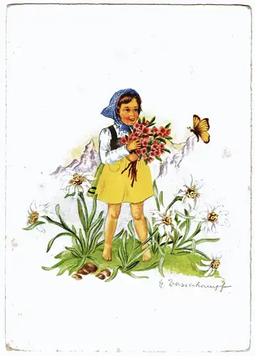 [Künstlerpostkarte reproduziert] Künstlerkarte Nr. 825 - Herta Wasserkampf - Mädchen - Blumen - Alpen - Edelweiß - Berge. 