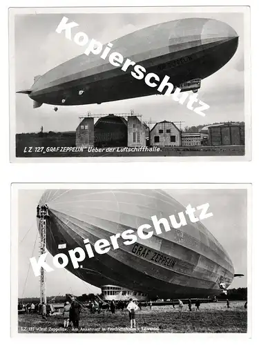 [Echtfotokarte schwarz/weiß] AK Luftschiff  LZ 127 Graf Zeppelin über der Luftschiffhalle (AK Nr. 60445); 
AK  LZ 127 Graf Zeppelin. Am Ankermast in Friedrichshafen - Löwental. (AK Nr. 62526). 