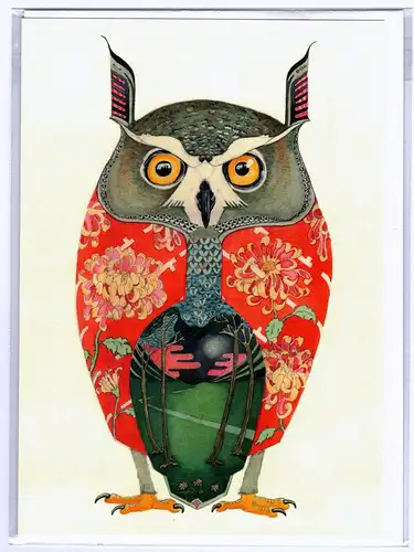 Grußkarte (doppelt) / Künstlerkarte DANIEL MACKIE - DM Collection - LONG EARED OWL. - Waldohreule. Kauz. Eule. Uhu.