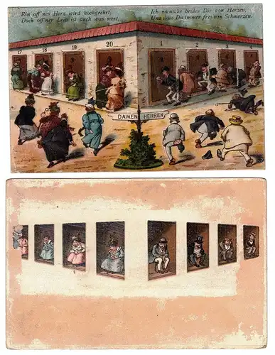 [Mechanische Karte] AK Scherzkarte / Jux/Humor antik vor 1900. Toilette, menschliches Bedürfnis, Kurort. Mechanische Postkarte mit 6 Türchen zum Öffnen. Toilettenhäuschen. 