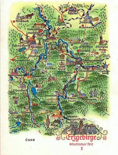 [Künstlerpostkarte reproduziert] AK DDR Künstlerkarte von Alfred Hoppe Nr.  8038/1 gemalte Landkarte Sachsen:  Erzgebirge Westlicher Teil I. 