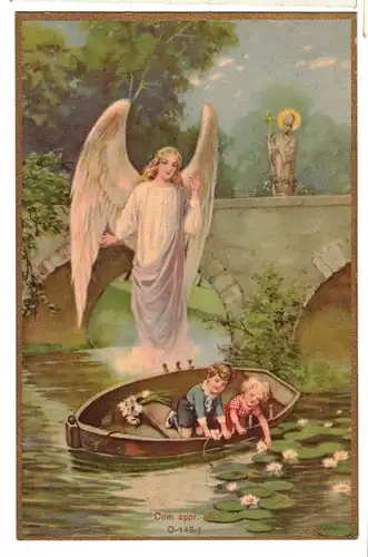 [Lithographie] AK Schutzengel behütet Kinder im Boot im Fluss beim Seerosen-Pflücken; Engel wacht über / beschützt Knaben/Mädchen; F.S.N. 0-148-1 Cum appr. eccl. Déposé. 