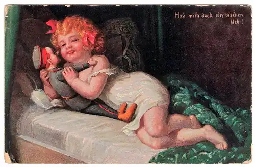 [Künstlerpostkarte reproduziert] AK Ansichtskarte antik kleines Mädchen im Bett mit Soldaten-Puppe. "Hab mich doch ein bisschen lieb!" Postkarte EMM Nr. 293, gelaufen 1917. 