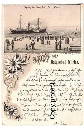 [Lithographie] Gruss aus Ostseebad Müritz        Landung des Dampfers "Fürst Blücher". 