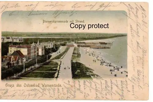 [Lithographie] Bismarckpromenade mit Strand    Gruss aus Warnemünde. 