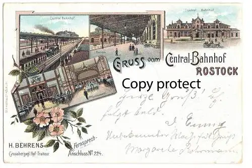 [Lithographie] Gruss vom Central-Bahnhof Rostock 1898, echt gelaufen mit Bahnpost Rostock-Neustrelitz
H. Behrens Großherzogl. Hoftraiteur Fernsprech-Anschluß No.224. 