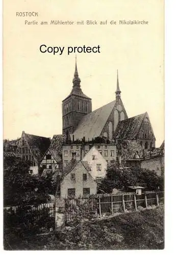 [Ansichtskarte] Rostock 1910 Partie am Mühlentor mit Blick auf die Nikolaikirche. 