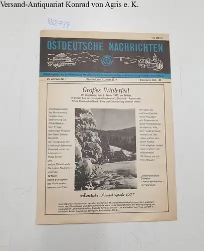 Kreisvereinigung der ostdeutschen  Landsmannschaften im Bund der Vertriebenen: Ostdeutsche Nachrichten. Mitteilungsblatt der Kreisvereinigung der Ostdeutschen Landsmannschaften im Bund der Vertriebenen in Bielefeld e.V., 29. Jahrgang Nr.1, 1. Januar 1977.