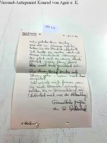 Ruthenbeck, Reiner: Brief des Künstlers Reiner Ruthenbeck an den Kunstsammler Gabriel Berks. 