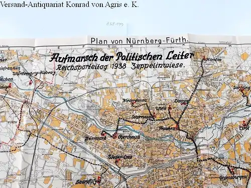 Organisationsleitung der Reichsparteitage (Hrsg.): Plan von Nürnberg-Fürth : Reichsparteitag 1938 Zeppelinwiese 
 Aufmarsch der politischen Leiter : An- und Abmarschstrassen der Marschsäule Nord / Süd; Gaustandquartiere. 