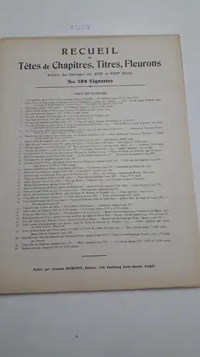 Guérinet, Armand: Recueil de Têtes de Chapitres, Titres, Fleurons. Soit 584 Vignettes
 Extraits des Ouvrages dex XVIIe et XVIII Siècles. 