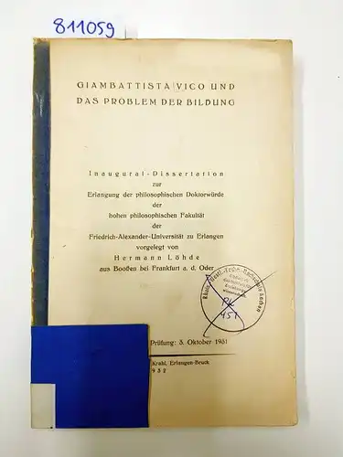 Löhde, Hermann: Giambattista Vico und das Problem der Bildung (Inaugural-Dissertation). 