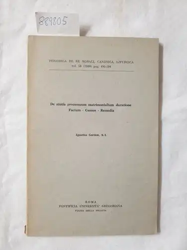 Gordon, Ignatius: De nimia processuum matrimonialium duratione ; Factum Causae Remedia 
 (= periodica de re morali, canonica, liturgica, vol. 58, (1969), pag. 491-594). 