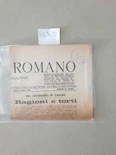 Venturini, Galileo: Historischer Zeitungsartikel "Nel Centenario di Galileo - Ragioni e torti" aus "L`Osservatore Romano" von 1942. 