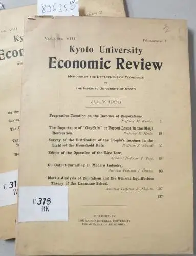 Kyoto University: Kyoto University Economic Review : (Memoirs of the Department of Economics in the Imperial University of Kyoto : (Volume VIII komplett : Number 1 July 1933 / Number 2  December 1933). 