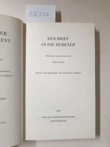 Kuss, Otto (Übers.): Der Brief an die Hebräer. Übersetzt und erklärt von Otto Kuss
 (Regensburger Neues Testament, 8. Bd, 1. Teil). 