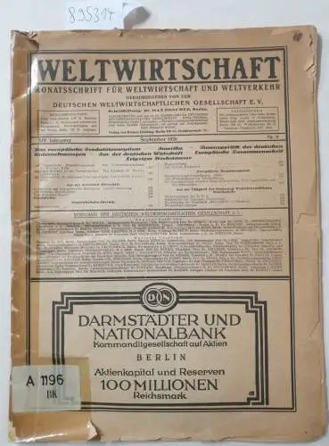 Deutsche Weltwirtschaftliche Gesellschaft: Weltwirtschaft : Monatsschrift für Weltwirtschaft und Weltverkehr : (XIVI. Jahrgang, September 1926, Heft Nr. 9). 