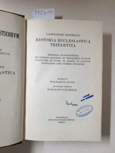 Academia Scientiarum Austriaca (Hrsg.): Corpus Scriptorum Ecclesiasticorum Latinorum : Vol. LXXI : Cassiodori-Epiphanii Historia Ecclesiastica Tripartita 
 (Hrsg. W. Jacob u. Rudolph Hanslik). 