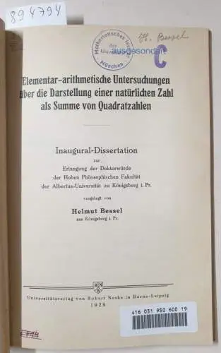 Bessel, Helmut: Elementar-arithmetische Untersuchungen über die Darstellung einer natürlichen Zahl als Summe von Quadratzahlen. 