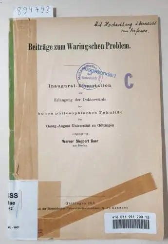 Baer, Werner Siegbert: Beiträge zum Waringschen Problem. 