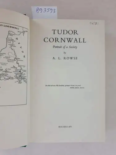 Rowse, Alfred Leslie: Tudor Cornwall : Portrait Of A Society : (mit Widmung des Autors). 