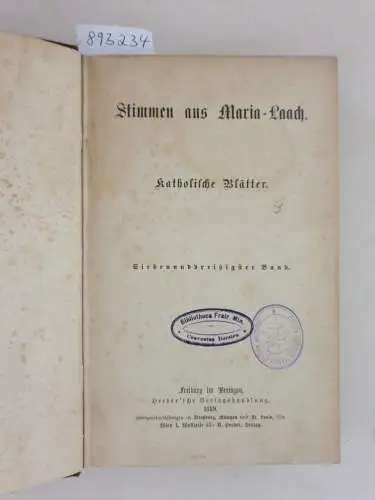 Abtei Maria Laach: Stimmen aus Maria-Laach : Jahrgang 1889 : Band 37. 