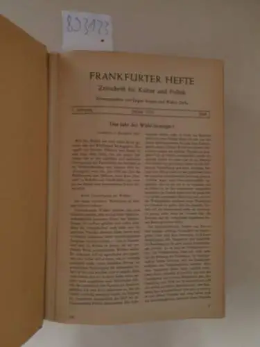 Kogon, Eugen und Walter Dirks (Hrsg.): Frankfurter Hefte : Zeitschrift für Kultur und Politik : (7. Jahrgang 1952 : Heft 1 - 12 komplett in einem Band). 