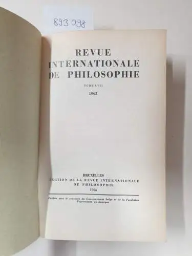 Servais, Madame Max (Rédaction): Revue internationale de Philosophie. Revue trimestrielle, Band 17. 