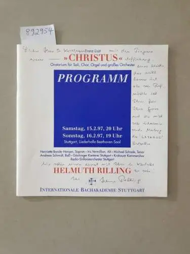 Rilling, Helmuth: Franz Liszt : Christus : Programm mit ausführlichem handschriftlichen Anschreiben Rillings. 