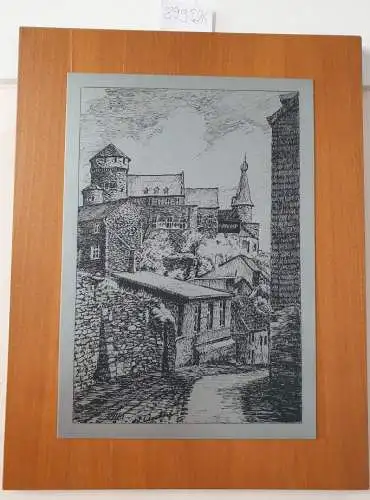 Stolberg: Grafik der Burg Stolberg/Rheinland auf Metall 26cm x 38cm, montiert auf Holzplatte. 