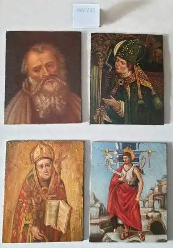 10 Holztafeln: Darstellungen von Heiligen, unter anderem ein Hl. Laurentius, vermutlich die Stigmatisierung des Hl. Franziskus, vermutlich Hl. Rochus, ein betender Papst und sieben weitere. 
