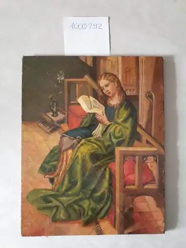 Holztafel: Vermutlich Darstellung der Maria Magdalena, auf einer Bank sitzend und in einem Buch lesend. 