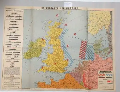 Karte: Kriegskarte der Nordsee 1940 mit den deutschen, englischen, niederländischen und dänischen Minenwarngebieten sowie mit namentlicher Anführung der englischen Seestreitkräfte
 Maßstab 1:3.350.000. Farbiger Druck von...