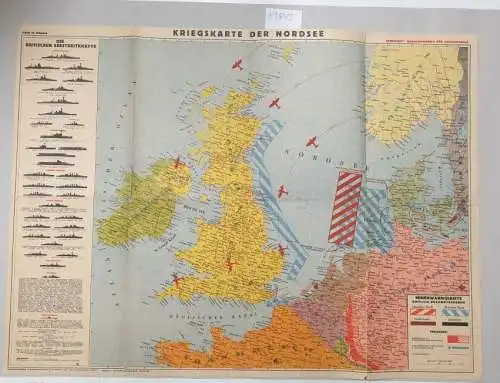 Karte: Kriegskarte der Nordsee 1940 mit den deutschen, englischen, niederländischen und dänischen Minenwarngebieten sowie mit namentlicher Anführung der englischen Seestreitkräfte
 Maßstab 1:3.350.000. Farbiger Druck von.. 