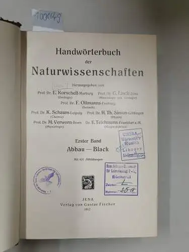 Korschelt, E: Handwörterbuch der Naturwissenschaften, I. Band : Abbau bis Black. 
