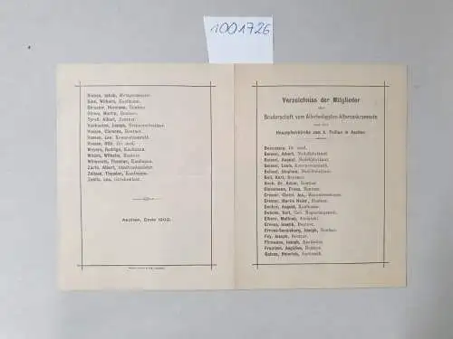 Aachen: Verzeichnis der Mitglieder der Bruderschaft vom allerheiligsten Altarssakrament an der Hauptpfarrkirche zum H. Foillan in Aachen, Ende 1902. 