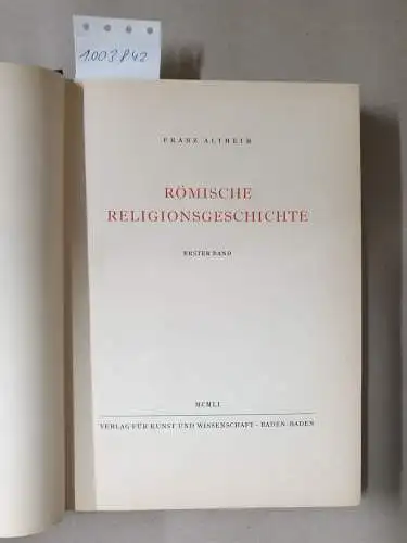 Altheim, Franz: Römische Religionsgeschichte. Erster Band. 