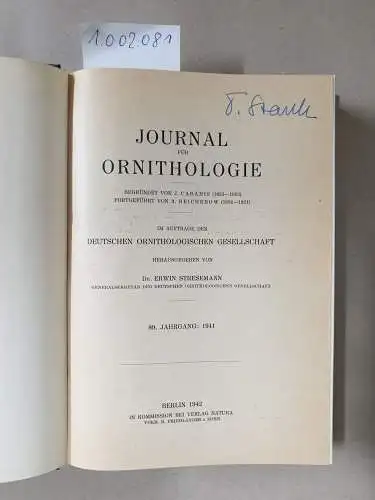 Stresemann, Erwin (Hrsg.): Journal für Ornithologie. 89. Jg. 