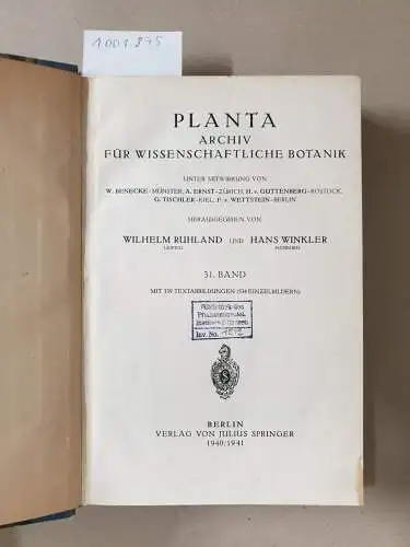 Verlag von Julius Springer: (31. Band) Planta. Archiv für wissenschaftliche Botanik (1940/1941). 