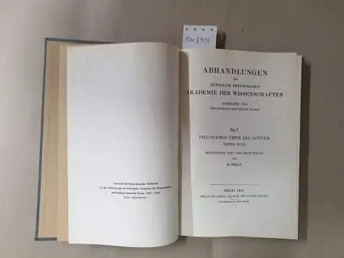 Diels, H. A: Philodemos über die Götter. Erstes und drittes Buch. Griechischer Text und Erläuterungen I-III). 