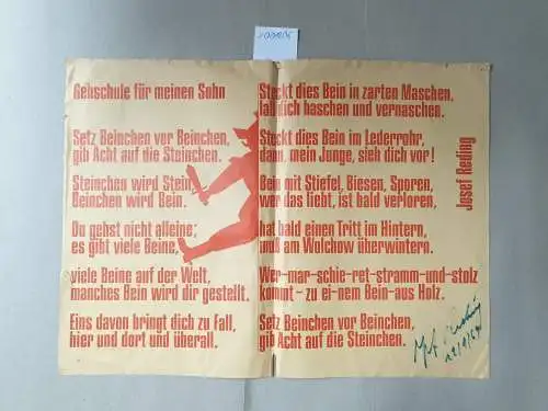 Reding Josef: Gehschule für meinen Sohn : Plakat, Signiert von Autor 
 (Gedicht). 