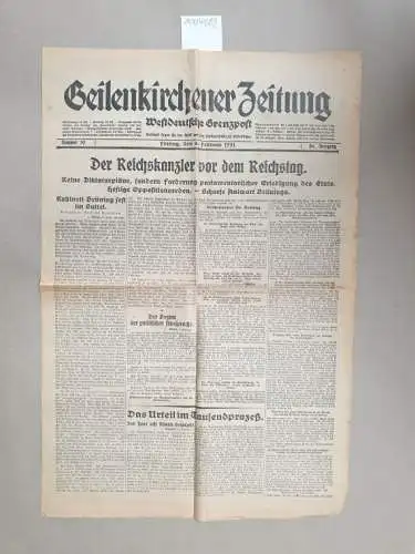 Geilenkirchener Zeitung: Geilenkirchener Zeitung / Westdeutsche Grenzpost, 6. Februar 1931, 96. Jahrgang , Nr. 30
 Amtliches Organ für den Kreis und Amtgerichtsbezirk Geilenkirchen. 