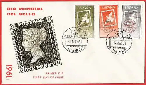 Spanien (Espagne) FDC 1961 - Mi 1243/45 - YT 1021/23 - Tag der Briefmarke ( Journée du Timbre - Stamp Day ) 