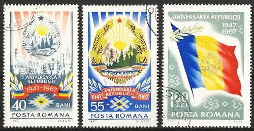 Rümanien (Roumanie) 1967 – Mi 2658/60 - YT 2367/69 - 20 Jahre der sozialistischen Republik