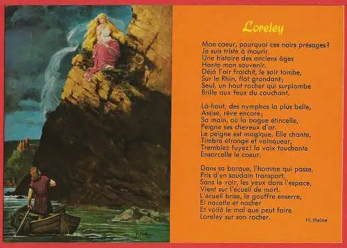 [Ansichtskarte] Deutschland: Loreley - Legende der Meerjungfrau und das Gedicht von Heinrich Heine /
Allemagne : Loreley - Légende de la Sirène et poème de Heinrich Heine /
Germany: Loreley - Legend of the Mermaid and poem by Heinrich Heine. 