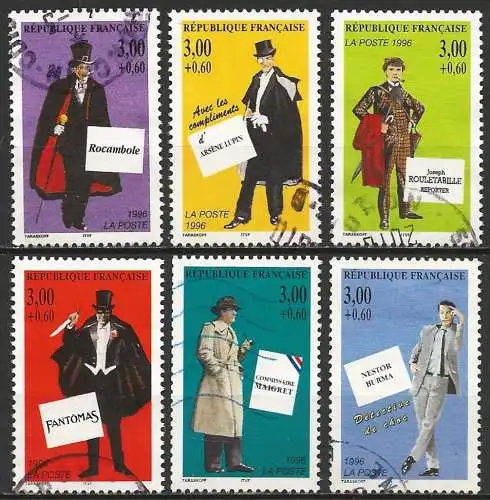 Frankreich (France) 1996 - Mi 3168/73 - YT 3025/30 - Helden der Kriminalromane ( Héros du roman policier ) Komplette serie